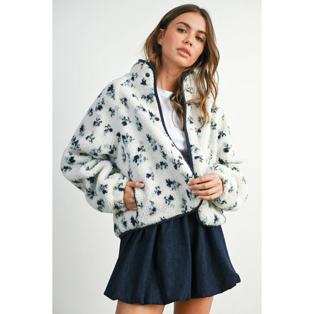 Floral Print Fluffy Fleece Jacket - BMJ7811: CREAM / KHAKI / M send a bouquet- the best flower delivery