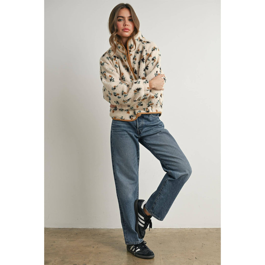 Floral Print Fluffy Fleece Jacket - BMJ7811: CREAM / KHAKI / M send a bouquet- the best flower delivery