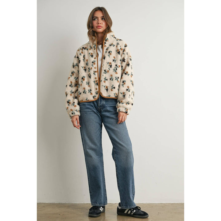 Floral Print Fluffy Fleece Jacket - BMJ7811: CREAM / KHAKI / M send a bouquet- the best flower delivery