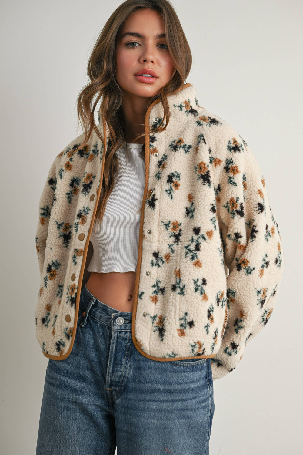 Floral Print Fluffy Fleece Jacket - BMJ7811: CREAM / KHAKI / S send a bouquet- the best flower delivery