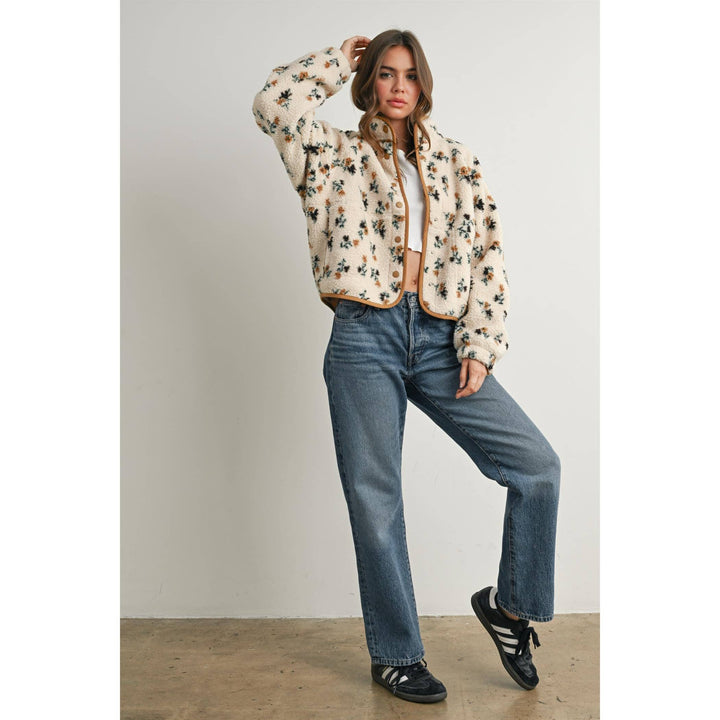 Floral Print Fluffy Fleece Jacket - BMJ7811: CREAM / KHAKI / S send a bouquet- the best flower delivery