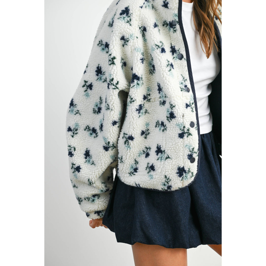 Floral Print Fluffy Fleece Jacket - BMJ7811: CREAM / KHAKI / S send a bouquet- the best flower delivery