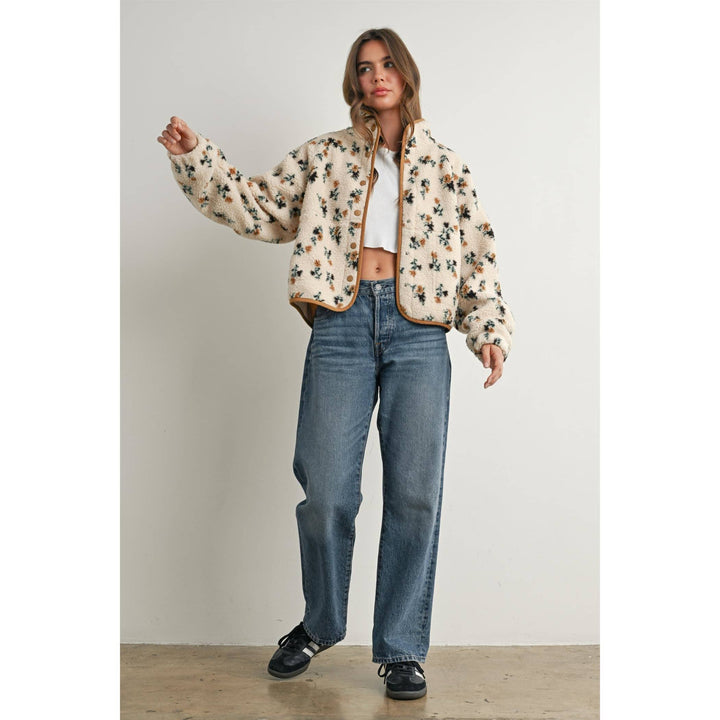 Floral Print Fluffy Fleece Jacket - BMJ7811: CREAM / KHAKI / S send a bouquet- the best flower delivery