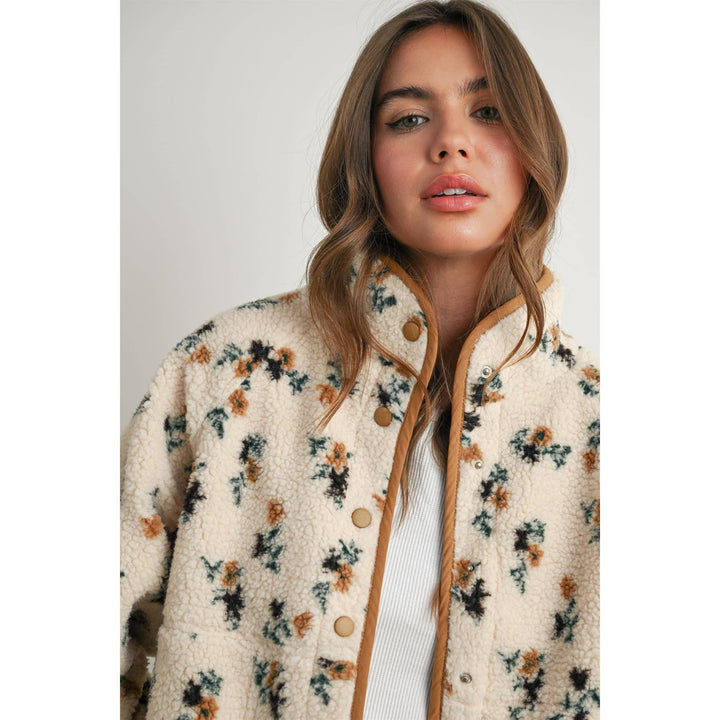 Floral Print Fluffy Fleece Jacket - BMJ7811: CREAM / KHAKI / S send a bouquet- the best flower delivery