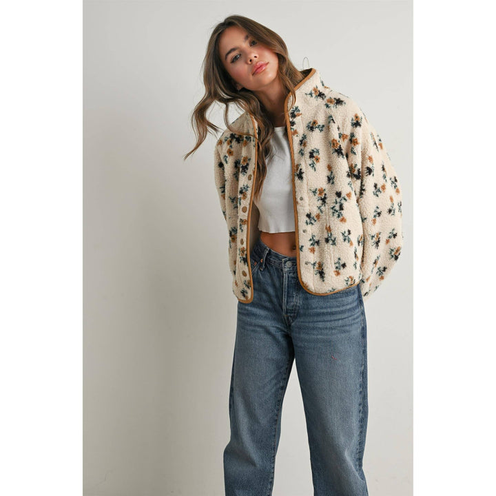 Floral Print Fluffy Fleece Jacket - BMJ7811: CREAM / KHAKI / S send a bouquet- the best flower delivery