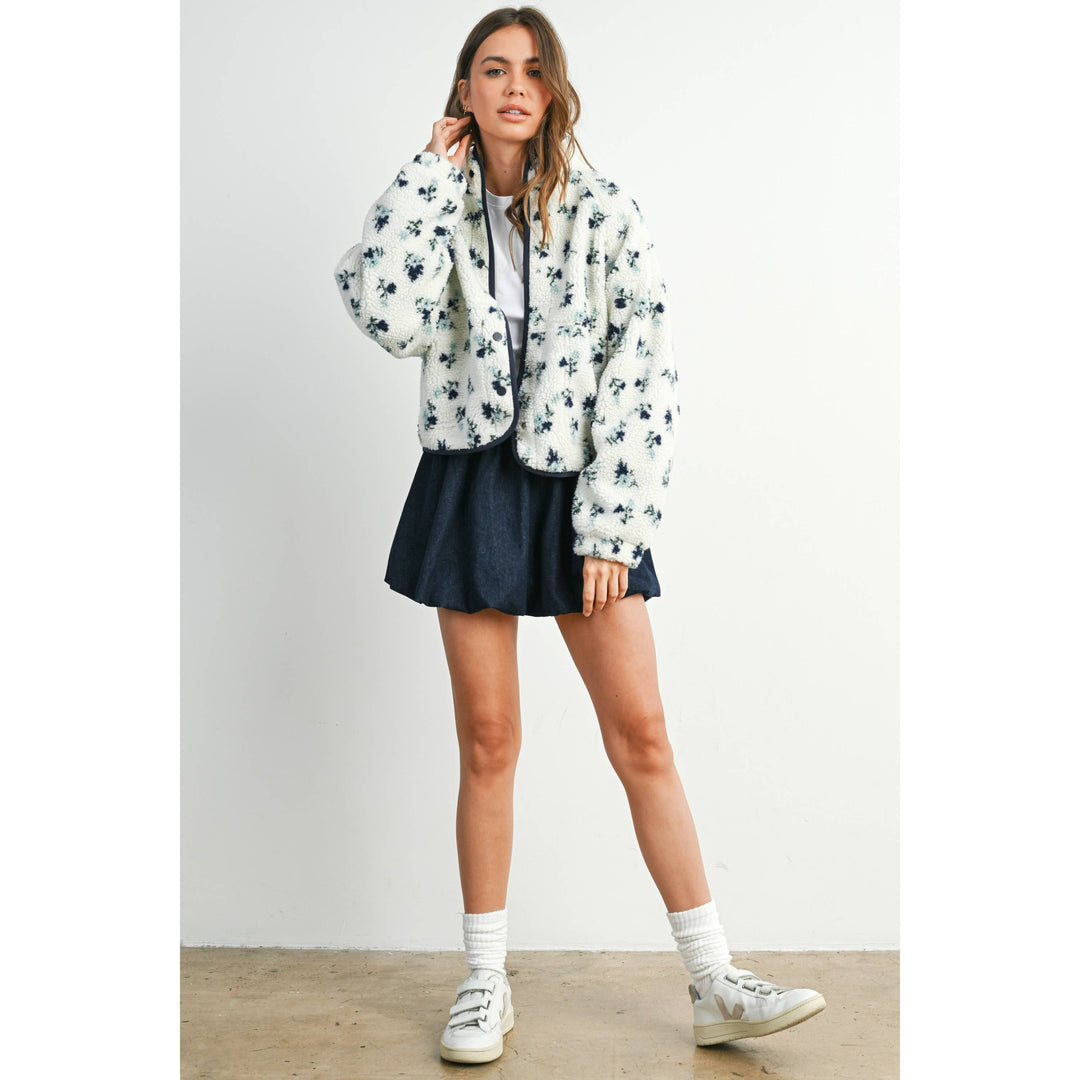 Floral Print Fluffy Fleece Jacket - BMJ7811: CREAM / KHAKI / S send a bouquet- the best flower delivery