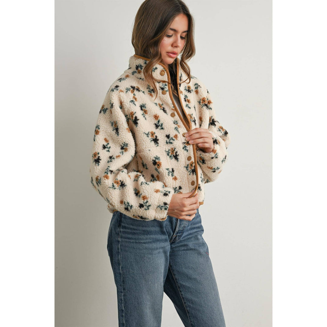 Floral Print Fluffy Fleece Jacket - BMJ7811: CREAM / KHAKI / S send a bouquet- the best flower delivery