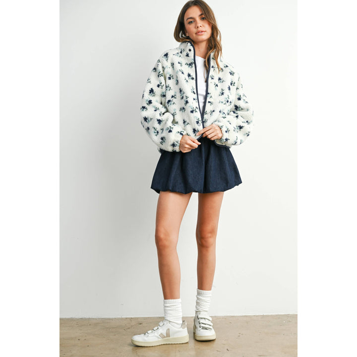 Floral Print Fluffy Fleece Jacket - BMJ7811: CREAM / KHAKI / S send a bouquet- the best flower delivery