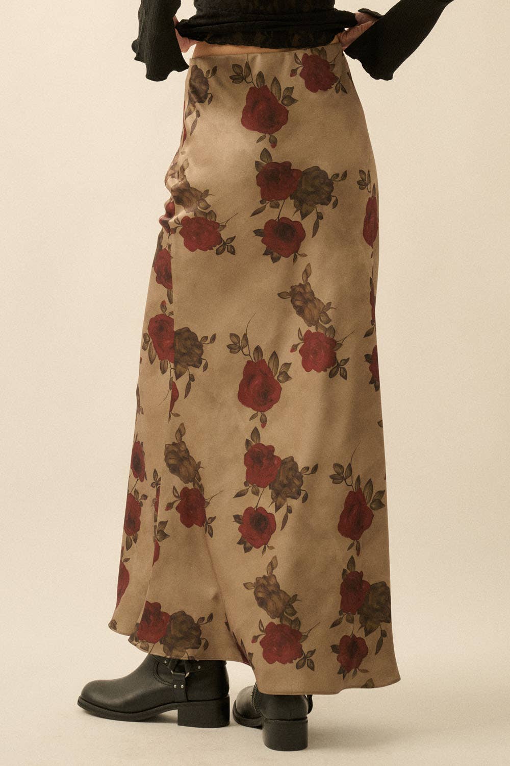 Floral-Print Satin Elastic-Waist Maxi Skirt: OLIVE / L send a bouquet- the best flower delivery