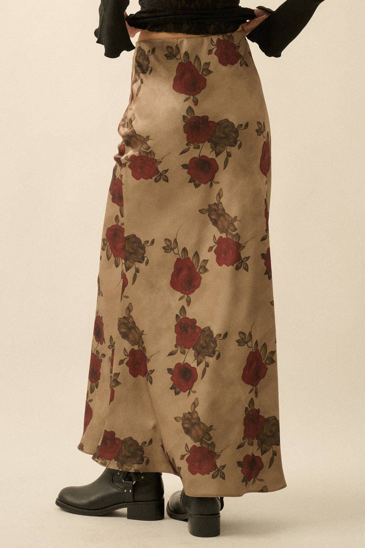Floral-Print Satin Elastic-Waist Maxi Skirt: OLIVE / L send a bouquet- the best flower delivery