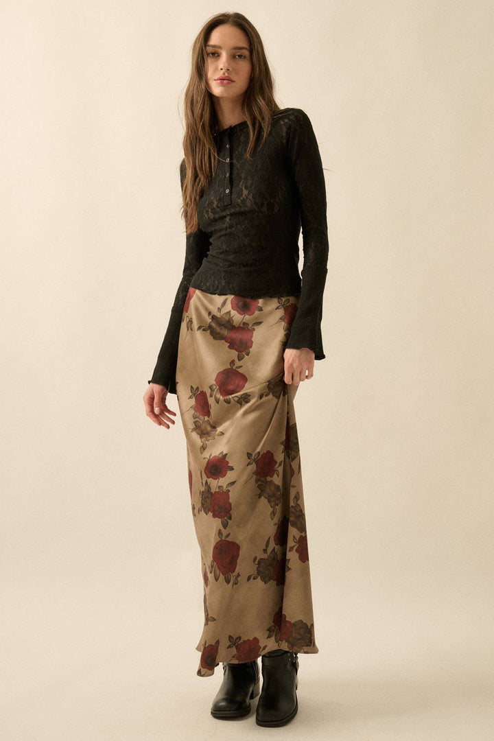 Floral-Print Satin Elastic-Waist Maxi Skirt: OLIVE / L send a bouquet- the best flower delivery
