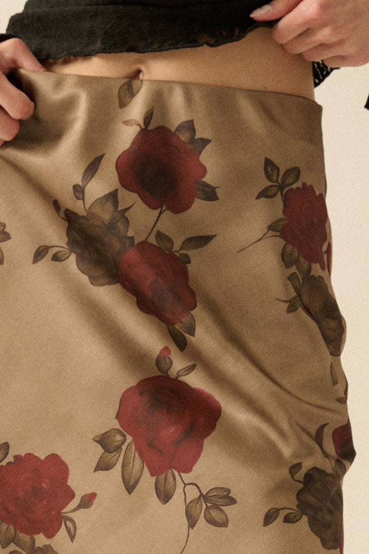 Floral-Print Satin Elastic-Waist Maxi Skirt: OLIVE / M send a bouquet- the best flower delivery