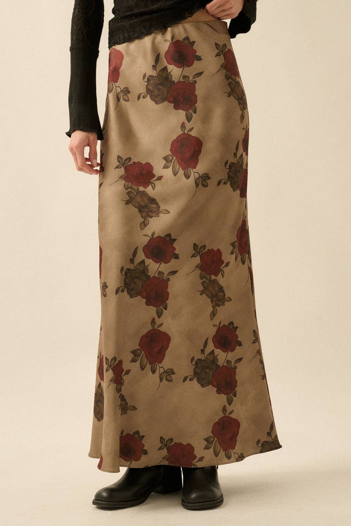 Floral-Print Satin Elastic-Waist Maxi Skirt: OLIVE / S send a bouquet- the best flower delivery