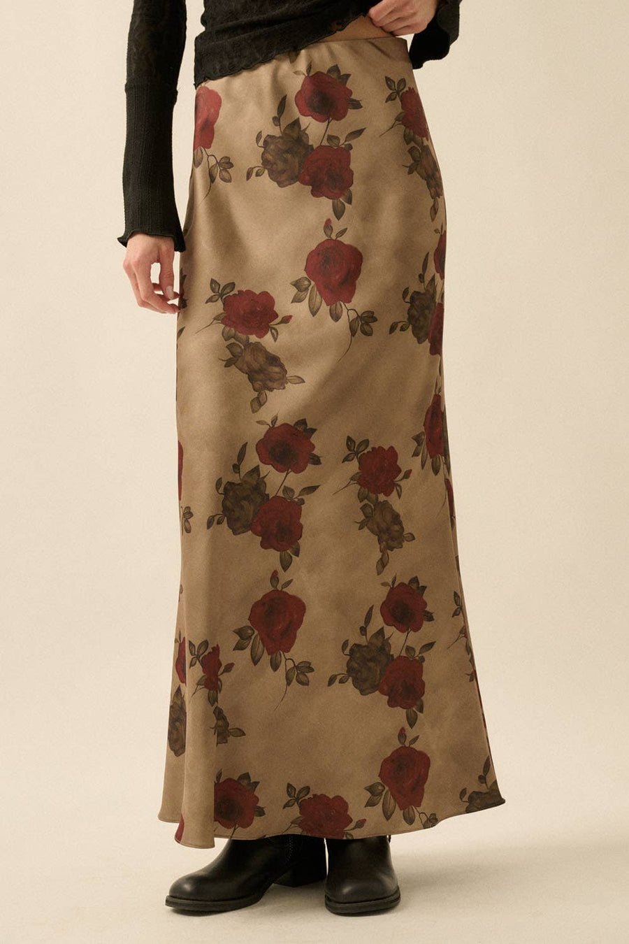 Floral-Print Satin Elastic-Waist Maxi Skirt: OLIVE / S send a bouquet- the best flower delivery