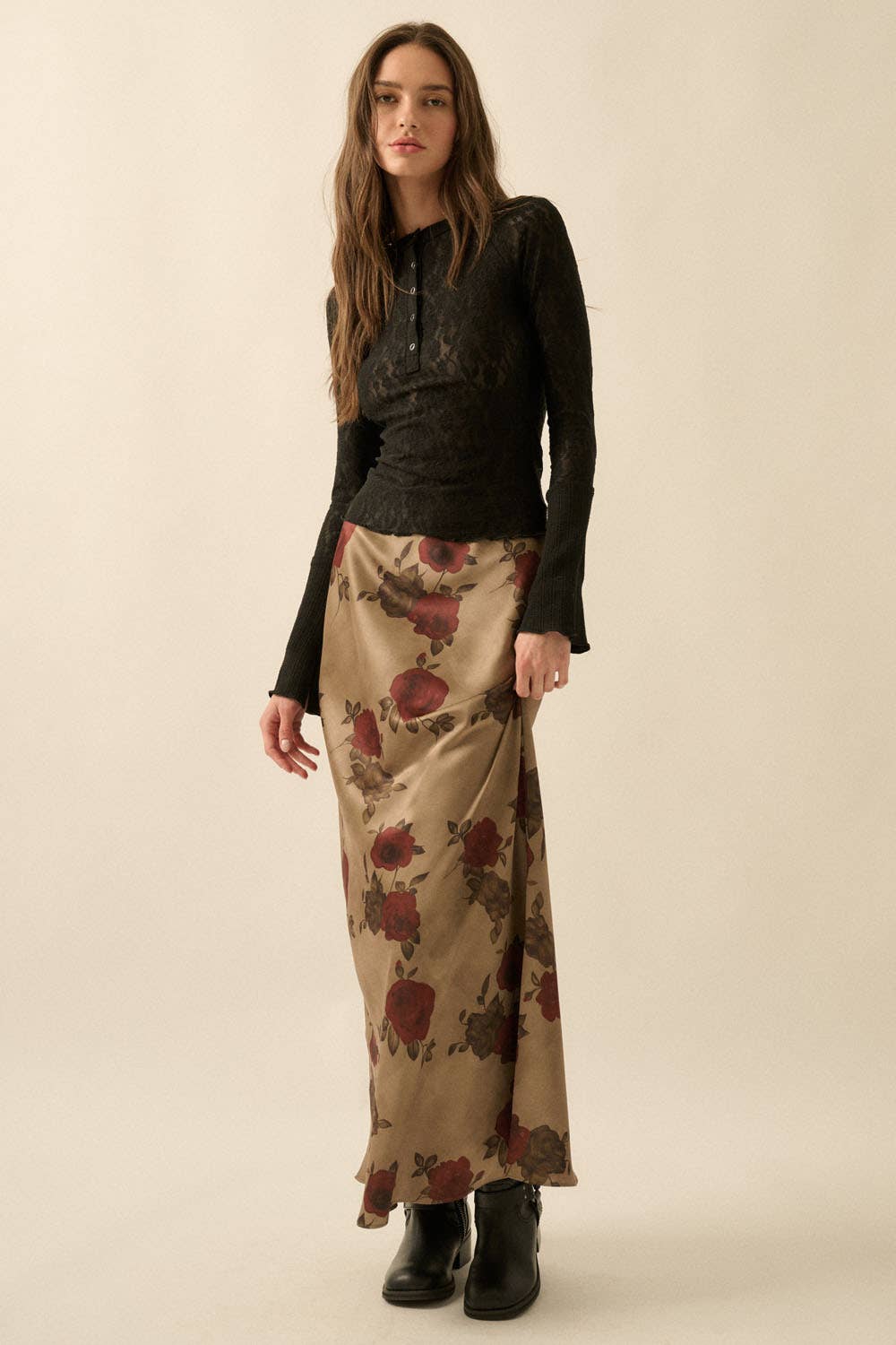 Floral-Print Satin Elastic-Waist Maxi Skirt: OLIVE / S send a bouquet- the best flower delivery