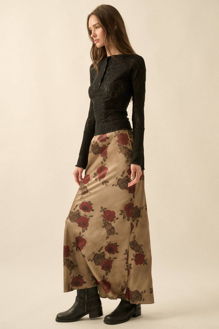 Floral-Print Satin Elastic-Waist Maxi Skirt: OLIVE / S send a bouquet- the best flower delivery