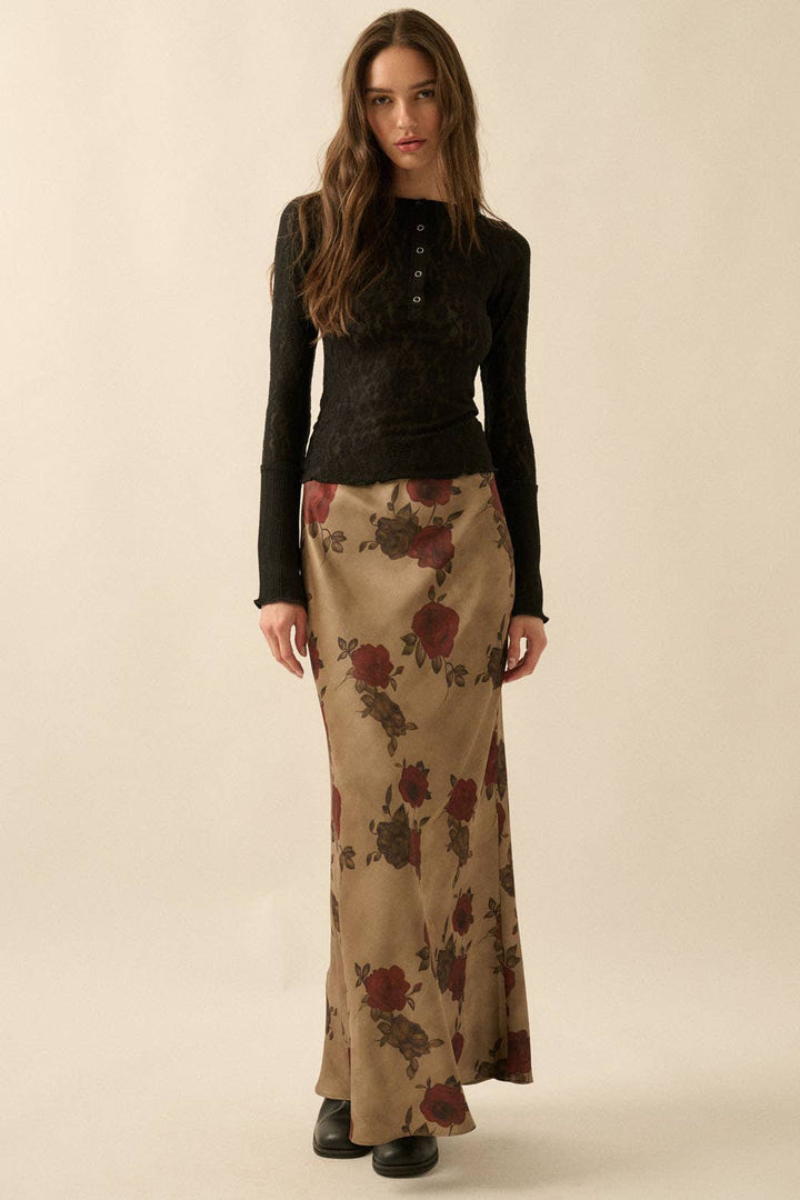 Floral-Print Satin Elastic-Waist Maxi Skirt: OLIVE / S send a bouquet- the best flower delivery