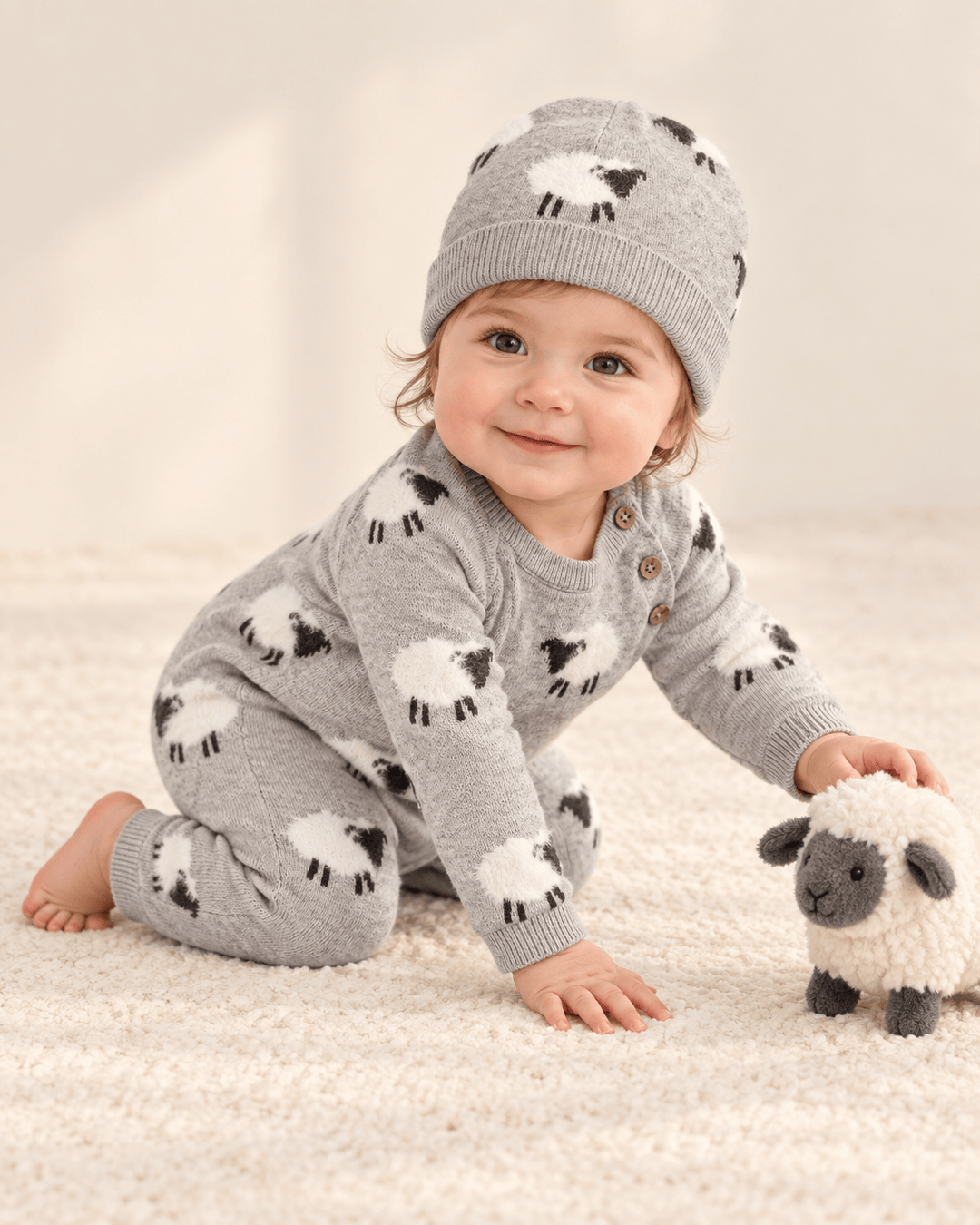 Furry Sheep 3D Jacquard Sweater Knit Baby Jumpsuit (Organic): Pewter Grey Heather / 0-3M send a bouquet- the best flower delivery