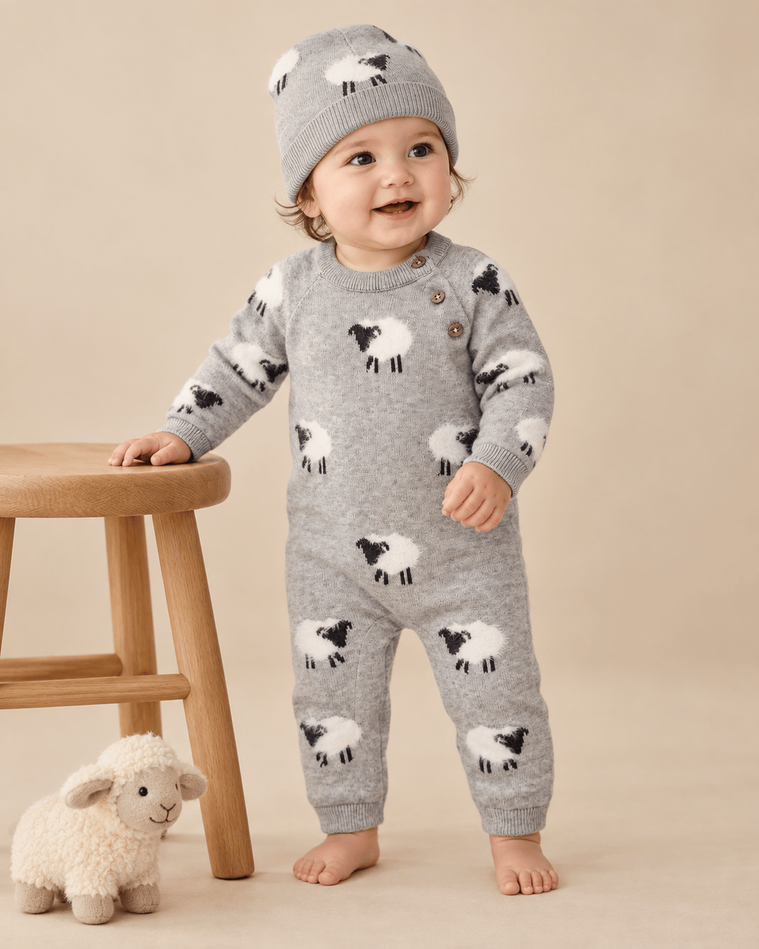 Furry Sheep 3D Jacquard Sweater Knit Baby Jumpsuit (Organic): Pewter Grey Heather / 0-3M send a bouquet- the best flower delivery