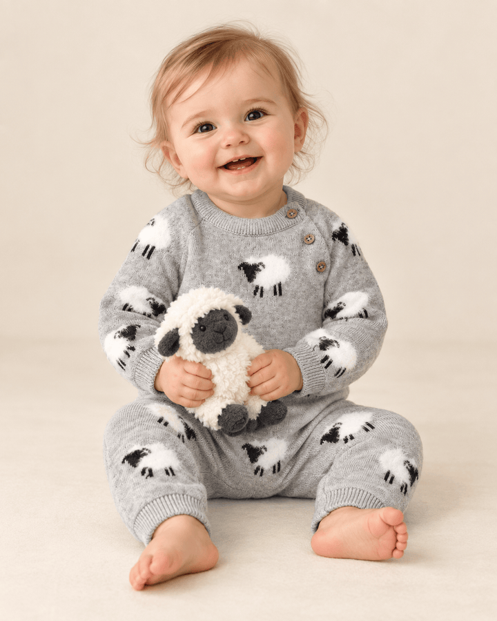 Furry Sheep 3D Jacquard Sweater Knit Baby Jumpsuit (Organic): Pewter Grey Heather / 3-6M send a bouquet- the best flower delivery