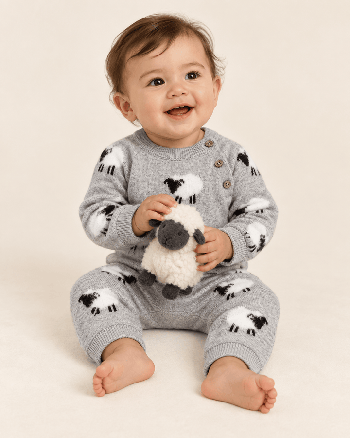 Furry Sheep 3D Jacquard Sweater Knit Baby Jumpsuit (Organic): Pewter Grey Heather / 6-12M send a bouquet- the best flower delivery