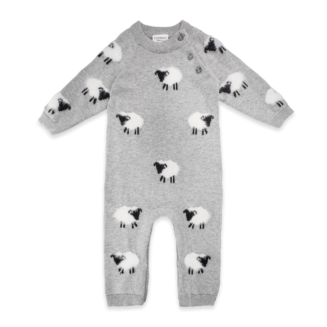 Furry Sheep 3D Jacquard Sweater Knit Baby Jumpsuit (Organic): Pewter Grey Heather / 6-12M send a bouquet- the best flower delivery