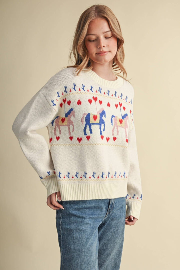 HORSE CAROUSEL MOTIF SWEATER MSW11610: TAUPE MULTI / M send a bouquet- the best flower delivery