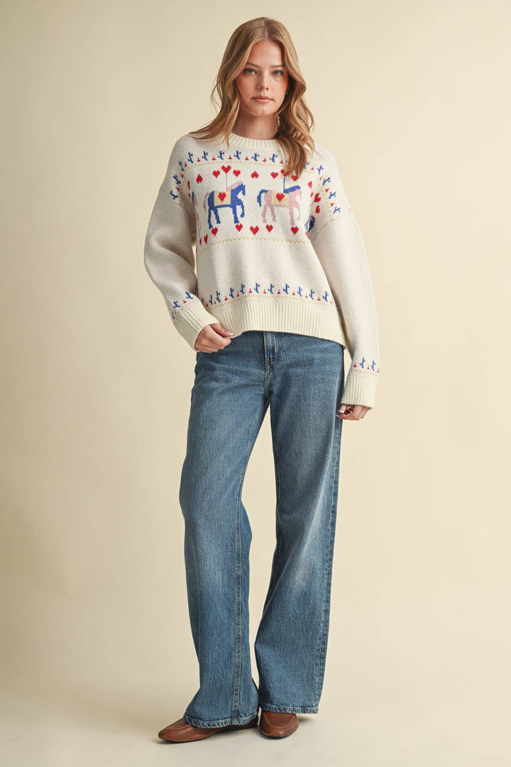 HORSE CAROUSEL MOTIF SWEATER MSW11610: TAUPE MULTI / M send a bouquet- the best flower delivery