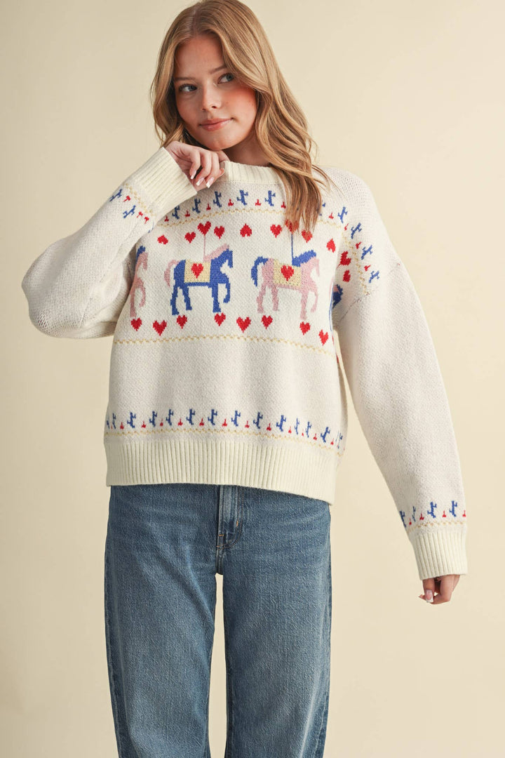 HORSE CAROUSEL MOTIF SWEATER MSW11610: TAUPE MULTI / M send a bouquet- the best flower delivery