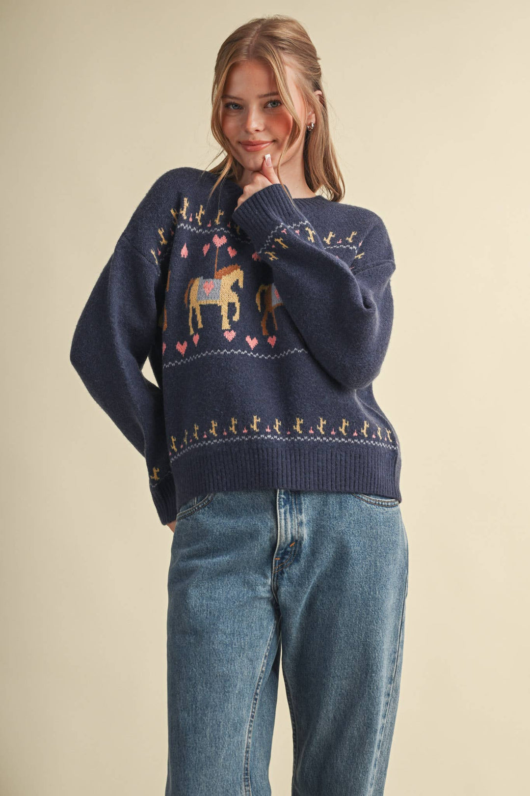 HORSE CAROUSEL MOTIF SWEATER MSW11610: TAUPE MULTI / M send a bouquet- the best flower delivery