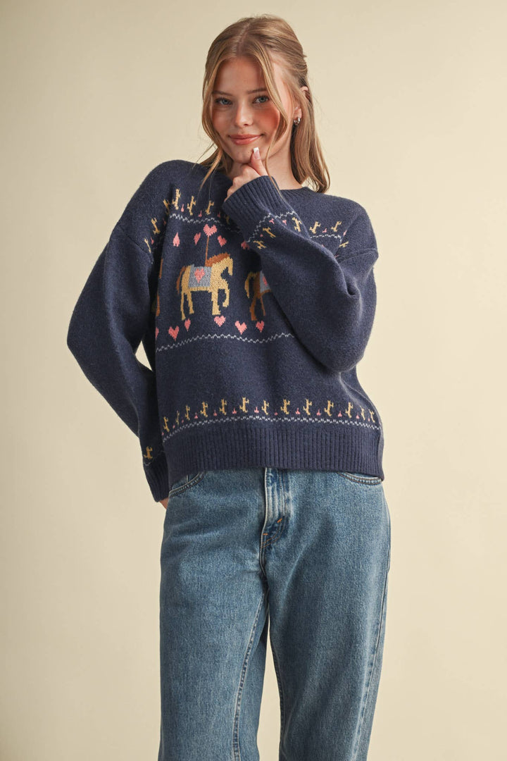 HORSE CAROUSEL MOTIF SWEATER MSW11610: TAUPE MULTI / M send a bouquet- the best flower delivery