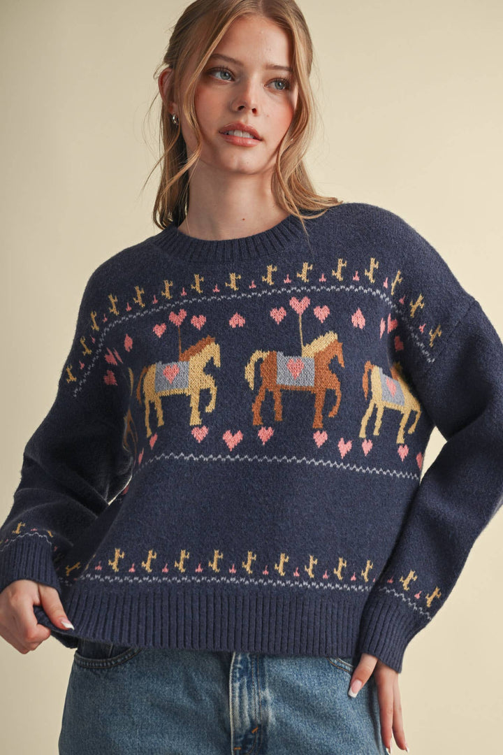 HORSE CAROUSEL MOTIF SWEATER MSW11610: TAUPE MULTI / M send a bouquet- the best flower delivery