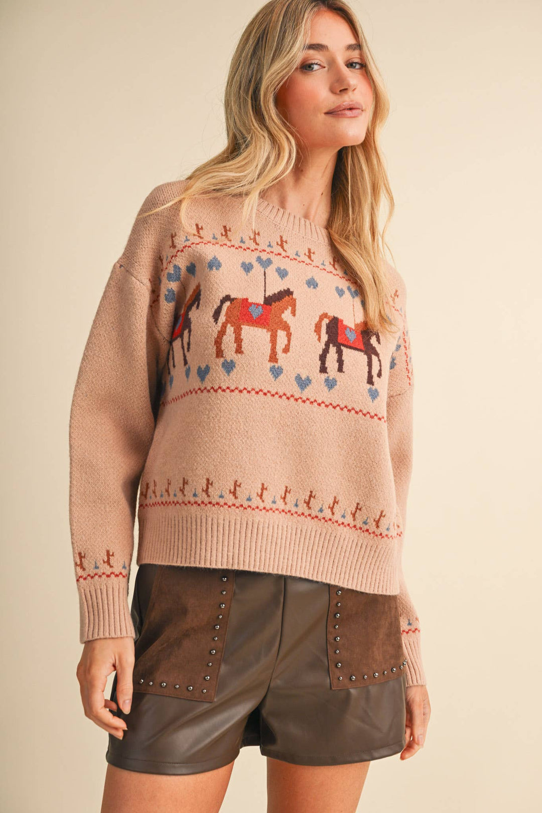 HORSE CAROUSEL MOTIF SWEATER MSW11610: TAUPE MULTI / M send a bouquet- the best flower delivery