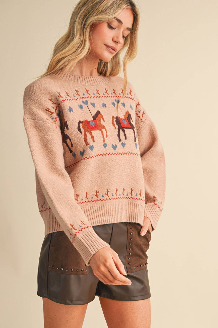 HORSE CAROUSEL MOTIF SWEATER MSW11610: TAUPE MULTI / M send a bouquet- the best flower delivery