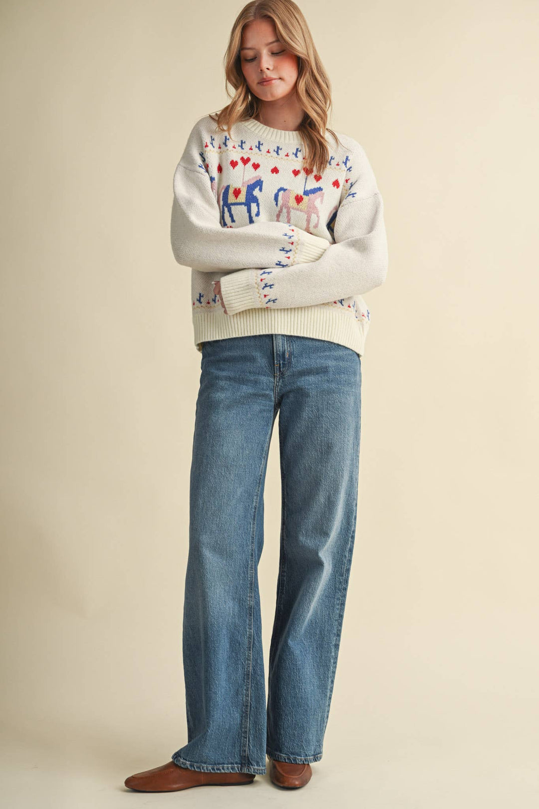 HORSE CAROUSEL MOTIF SWEATER MSW11610: TAUPE MULTI / M send a bouquet- the best flower delivery