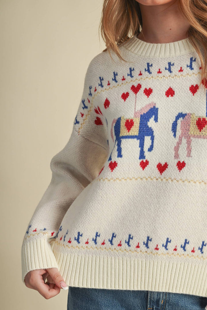 HORSE CAROUSEL MOTIF SWEATER MSW11610: TAUPE MULTI / M send a bouquet- the best flower delivery