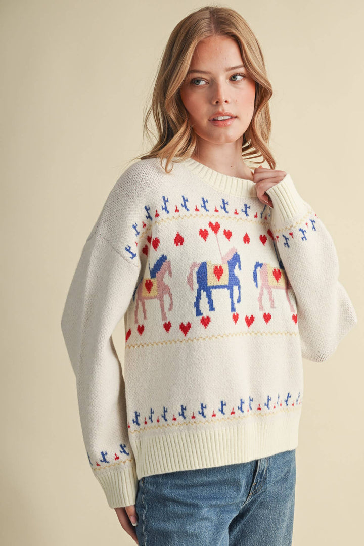 HORSE CAROUSEL MOTIF SWEATER MSW11610: TAUPE MULTI / M send a bouquet- the best flower delivery