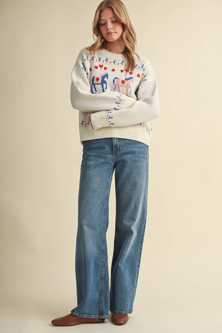 HORSE CAROUSEL MOTIF SWEATER MSW11610: TAUPE MULTI / S send a bouquet- the best flower delivery