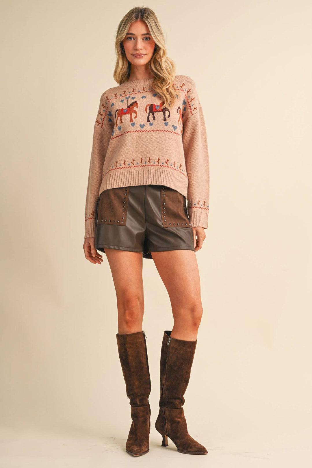 HORSE CAROUSEL MOTIF SWEATER MSW11610: TAUPE MULTI / S send a bouquet- the best flower delivery