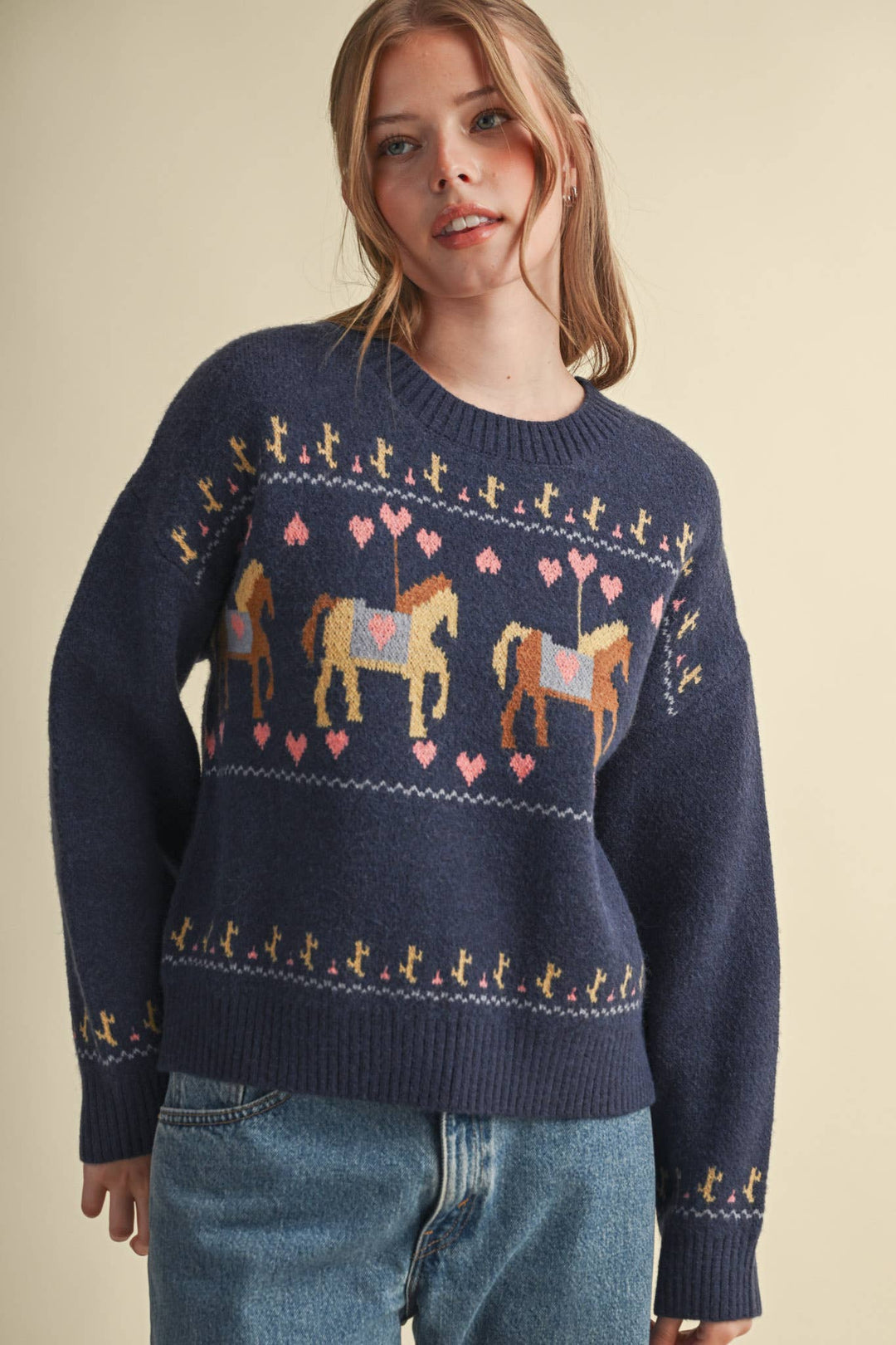 HORSE CAROUSEL MOTIF SWEATER MSW11610: TAUPE MULTI / S send a bouquet- the best flower delivery