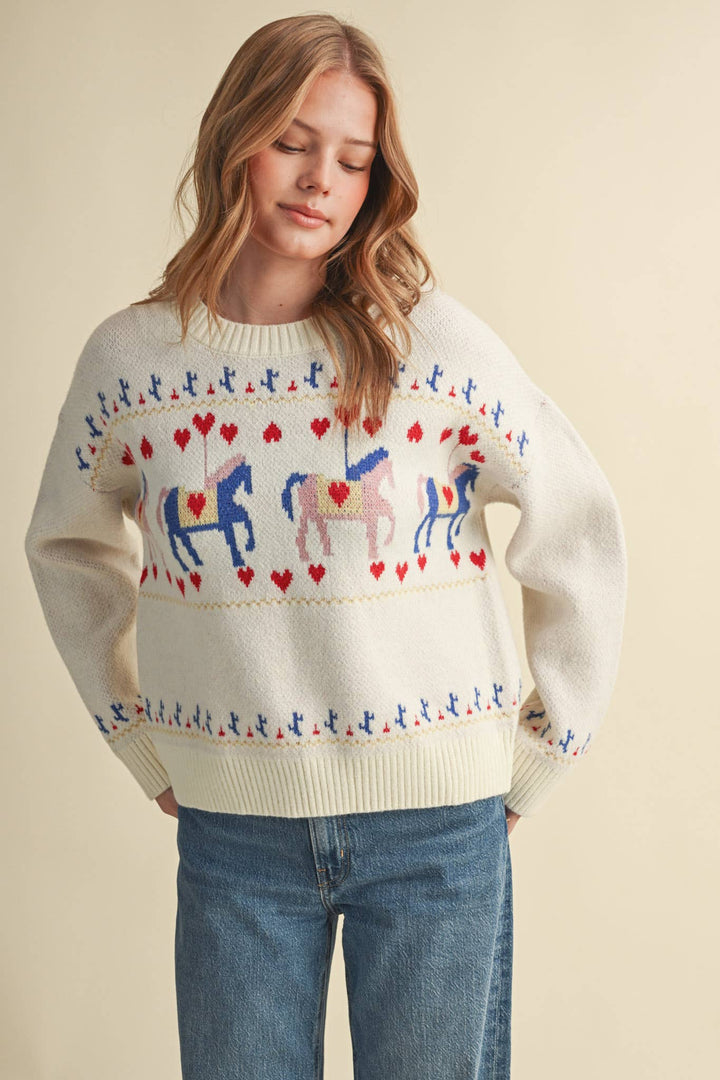 HORSE CAROUSEL MOTIF SWEATER MSW11610: TAUPE MULTI / S send a bouquet- the best flower delivery