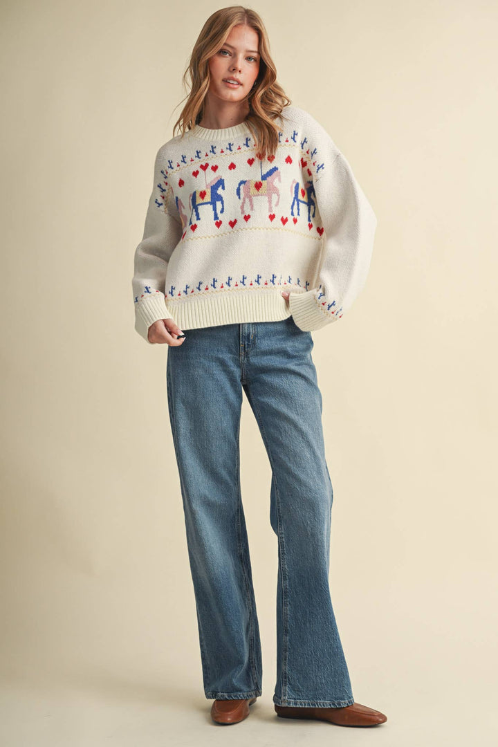 HORSE CAROUSEL MOTIF SWEATER MSW11610: TAUPE MULTI / S send a bouquet- the best flower delivery