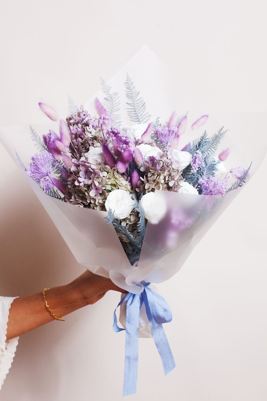 lavender flower bouquet delivery Green and White Everlasting Garden Rose Bouquet : Send Flowers that Last – Idlewild Floral Co