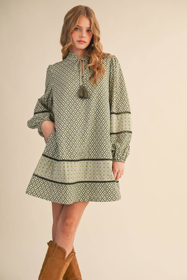 MIXED PRINT MINI SHIFT DRESS MDR4391: SAGE OLIVE / L send a bouquet- the best flower delivery