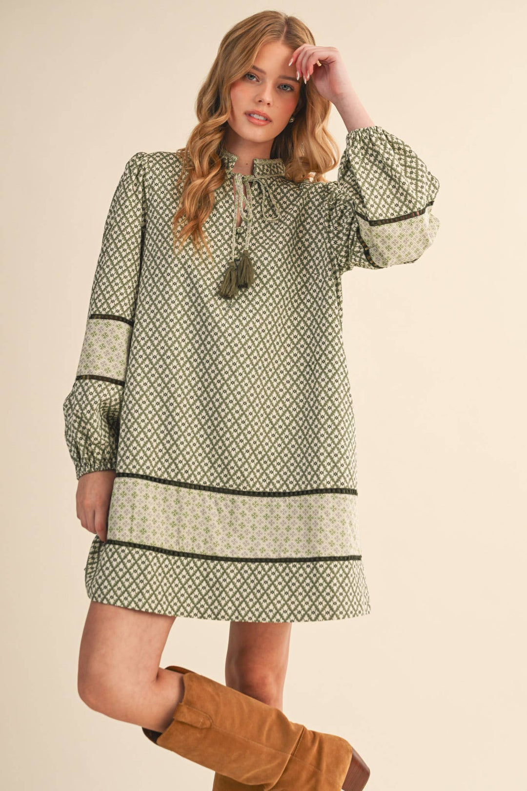 MIXED PRINT MINI SHIFT DRESS MDR4391: SAGE OLIVE / M send a bouquet- the best flower delivery