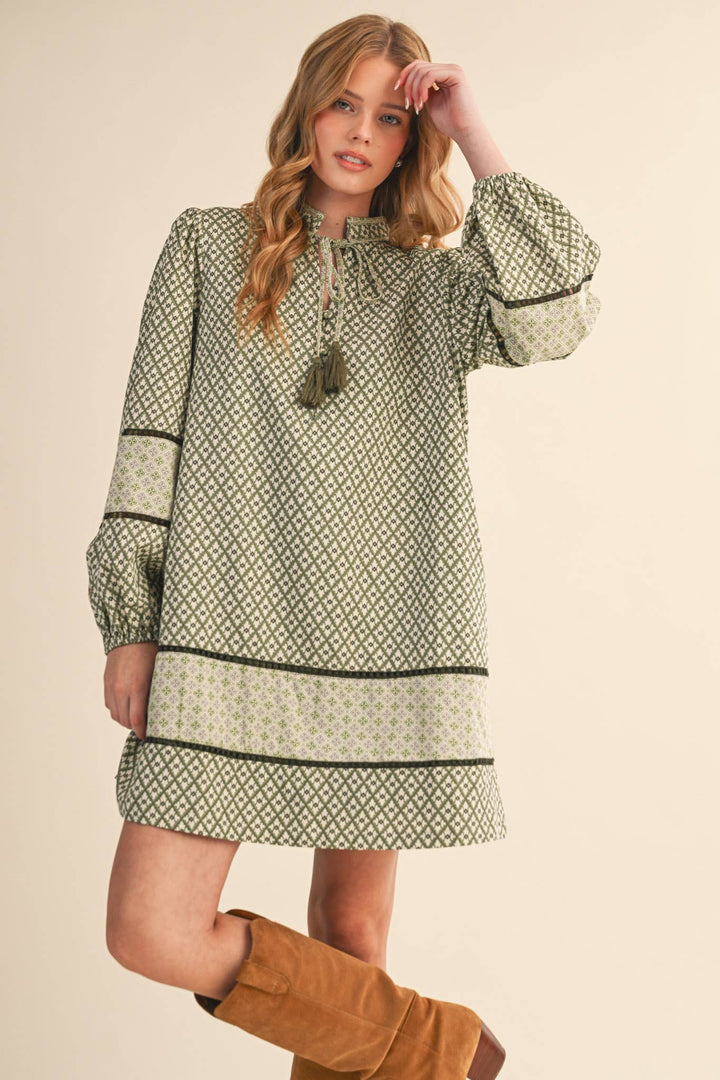 MIXED PRINT MINI SHIFT DRESS MDR4391: SAGE OLIVE / M send a bouquet- the best flower delivery