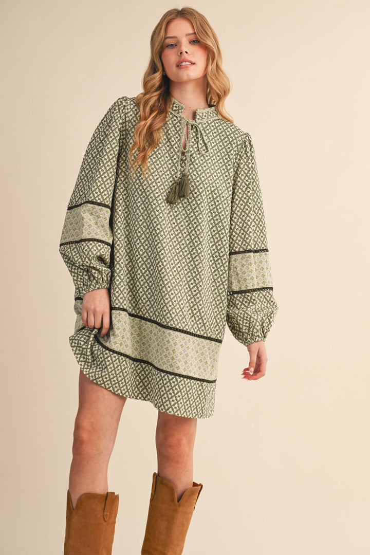 MIXED PRINT MINI SHIFT DRESS MDR4391: SAGE OLIVE / M send a bouquet- the best flower delivery