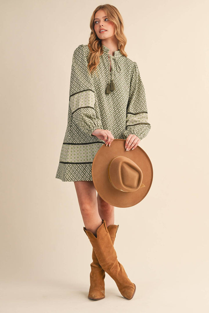 MIXED PRINT MINI SHIFT DRESS MDR4391: SAGE OLIVE / M send a bouquet- the best flower delivery
