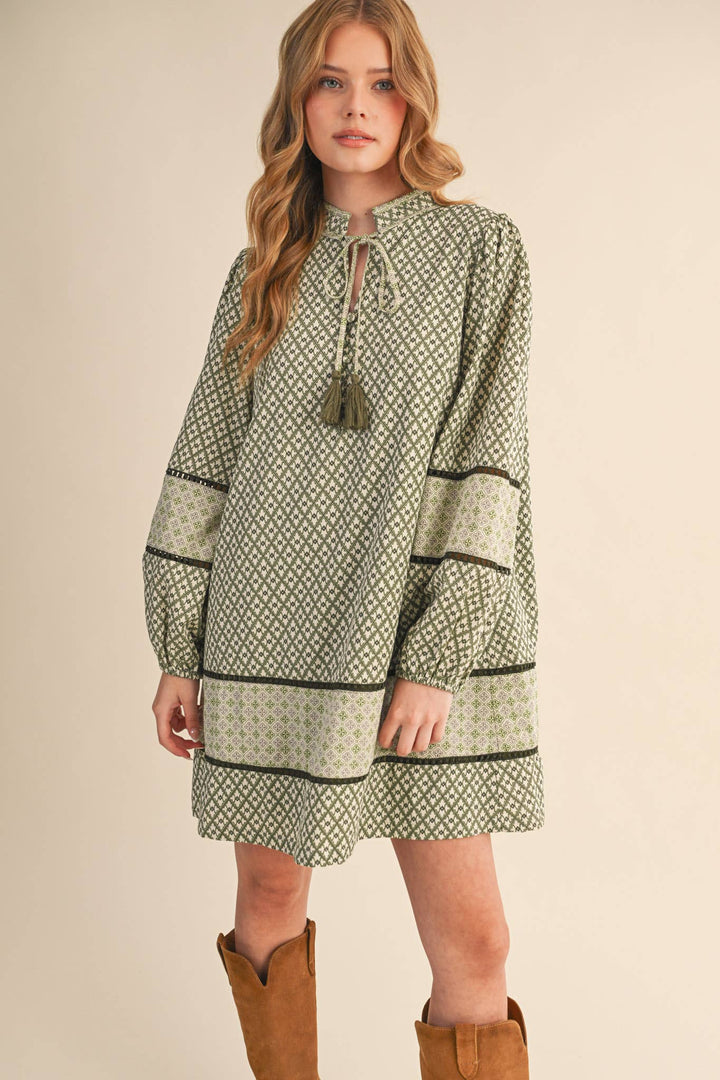 MIXED PRINT MINI SHIFT DRESS MDR4391: SAGE OLIVE / M send a bouquet- the best flower delivery