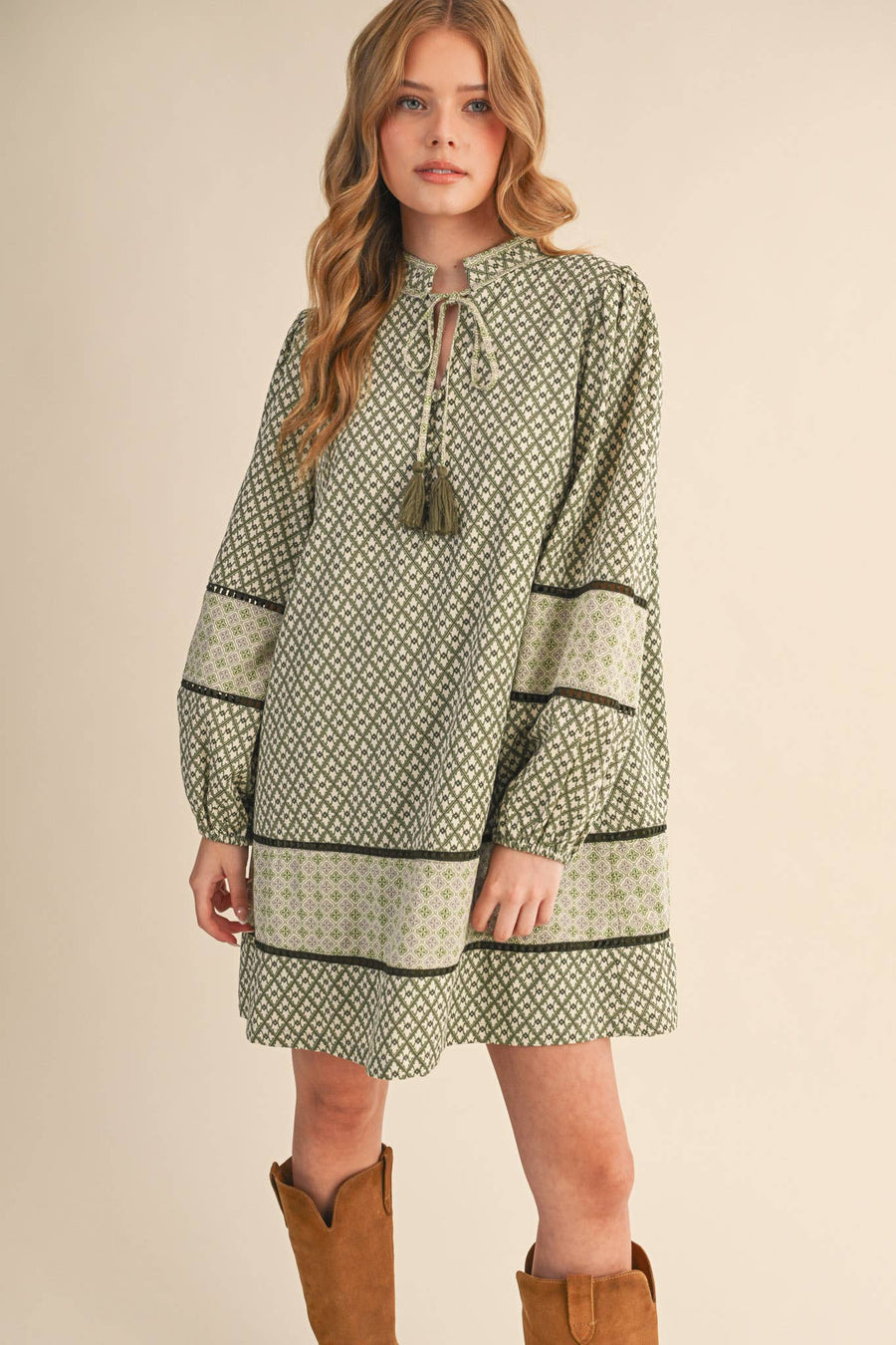 MIXED PRINT MINI SHIFT DRESS MDR4391: SAGE OLIVE / M send a bouquet- the best flower delivery